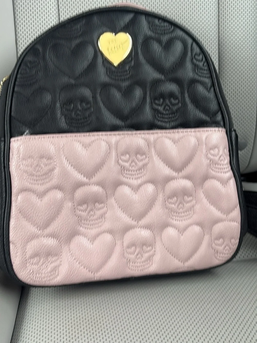 Betsey Johnson Black and Light Pink Heart & Skull Quilted Backpack